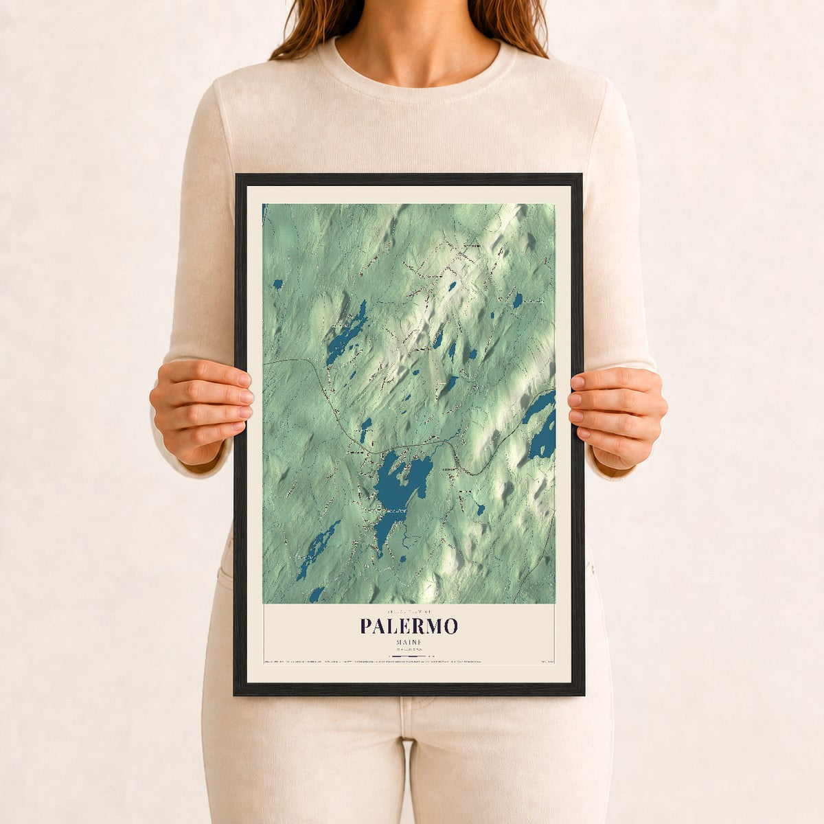 Palermo, Maine map print - 12 x 18 black Ayous wood frame