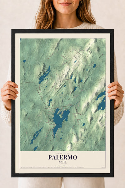 Palermo, Maine map print - 18 x 24 black Ayous wood frame