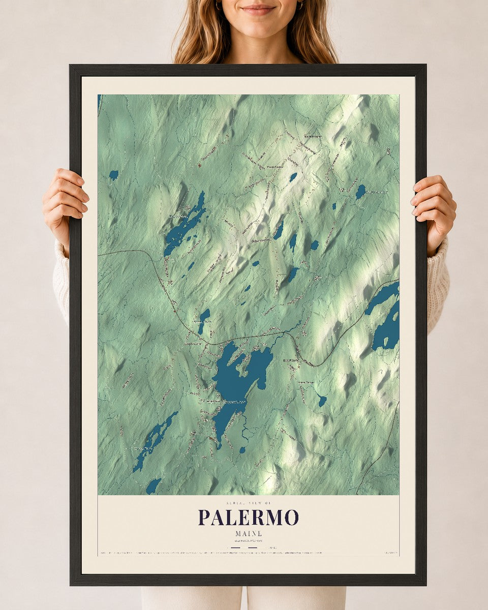 Palermo, Maine map print - 24 x 36 black Ayous wood frame