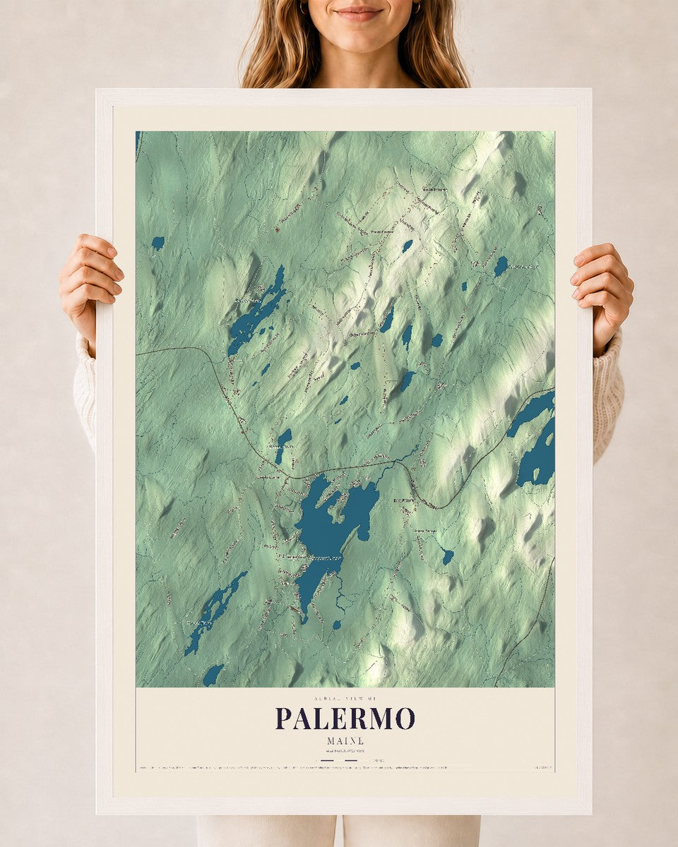 Palermo, Maine map print - 24 x 36 white Ayous wood frame