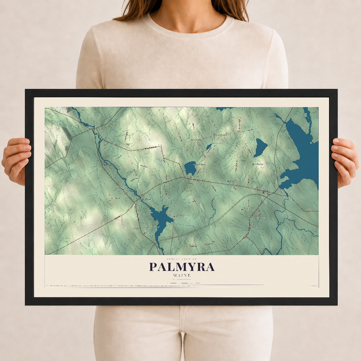 Palmyra, Maine map print - 12 x 18 black Ayous wood frame