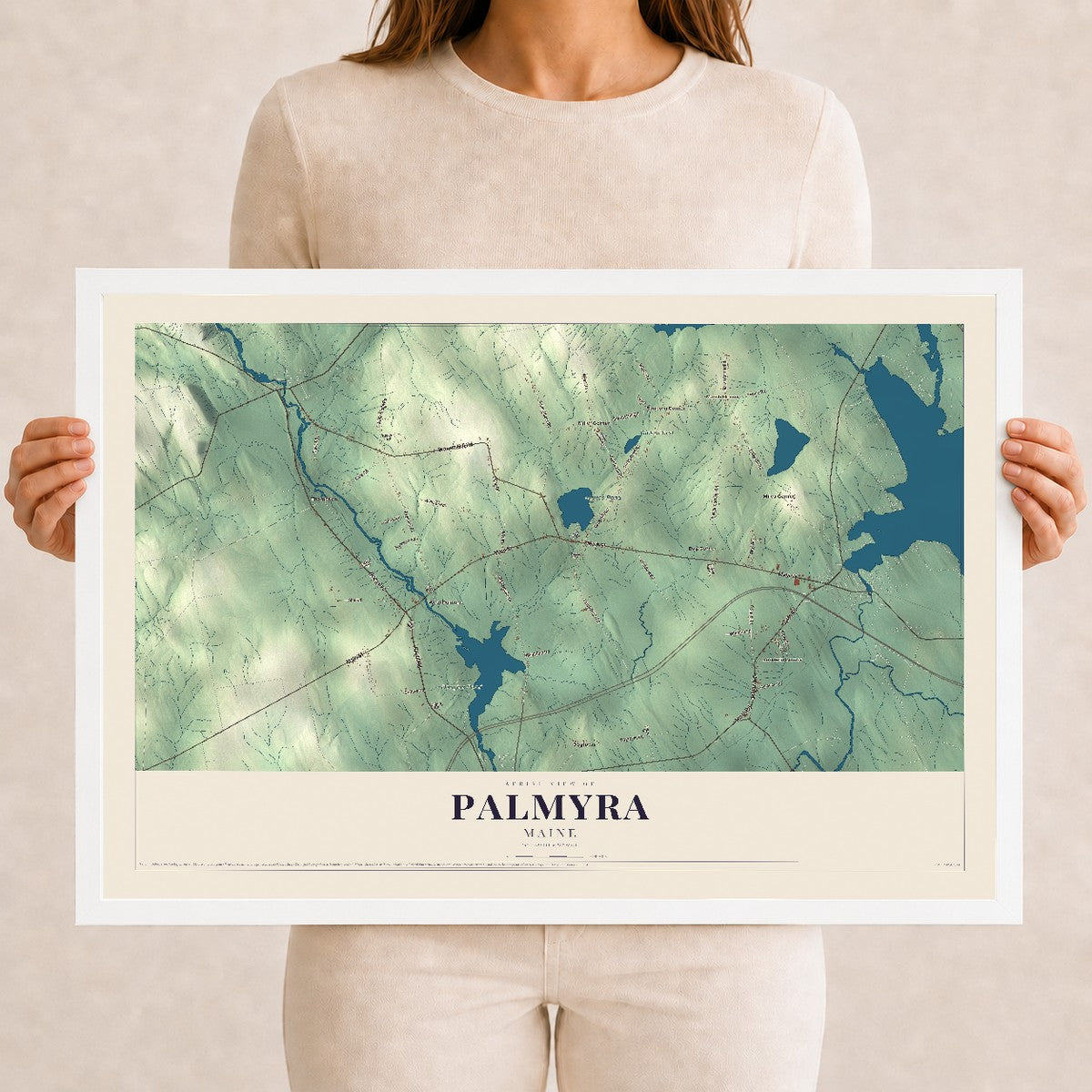 Palmyra, Maine map print - 12 x 18 white Ayous wood frame