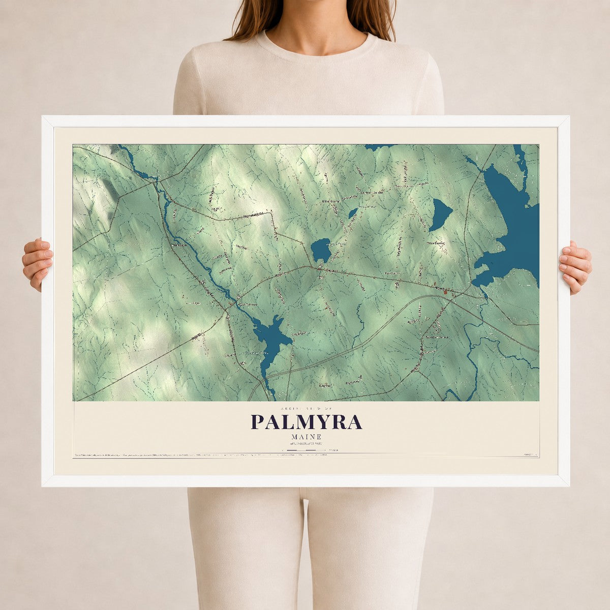 Palmyra, Maine map print - 24 x 36 white Ayous wood frame