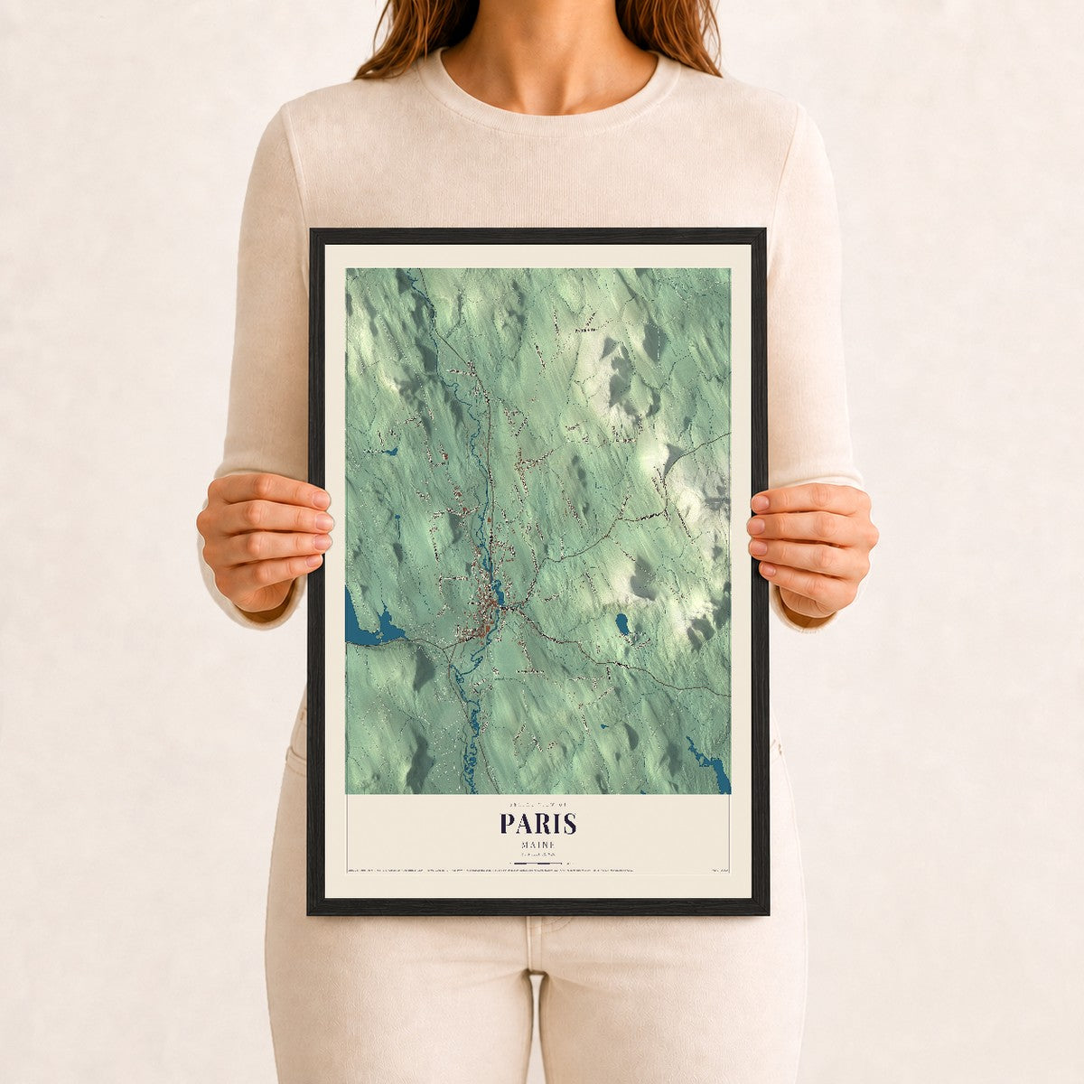 Paris, Maine map print - 12 x 18 black Ayous wood frame