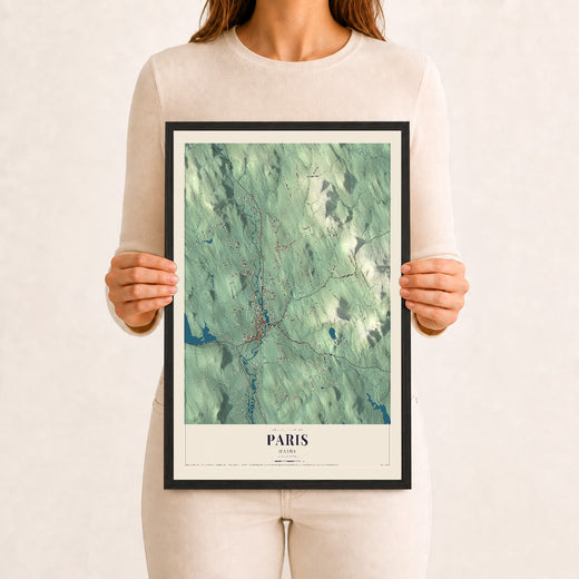 Map of Paris, Maine, 12 x 18 inch print in a black wood frame