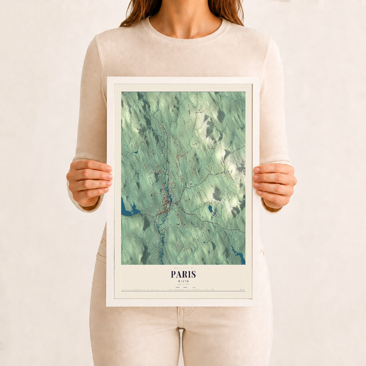 Paris, Maine map print - 12 x 18 white Ayous wood frame