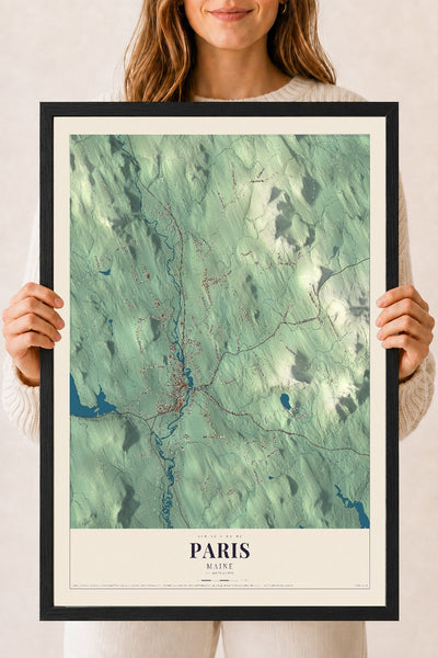 Paris, Maine map print - 18 x 24 black Ayous wood frame