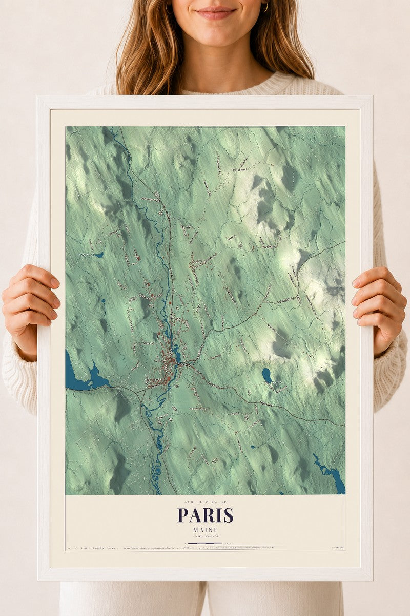 Paris, Maine map print - 18 x 24 white Ayous wood frame