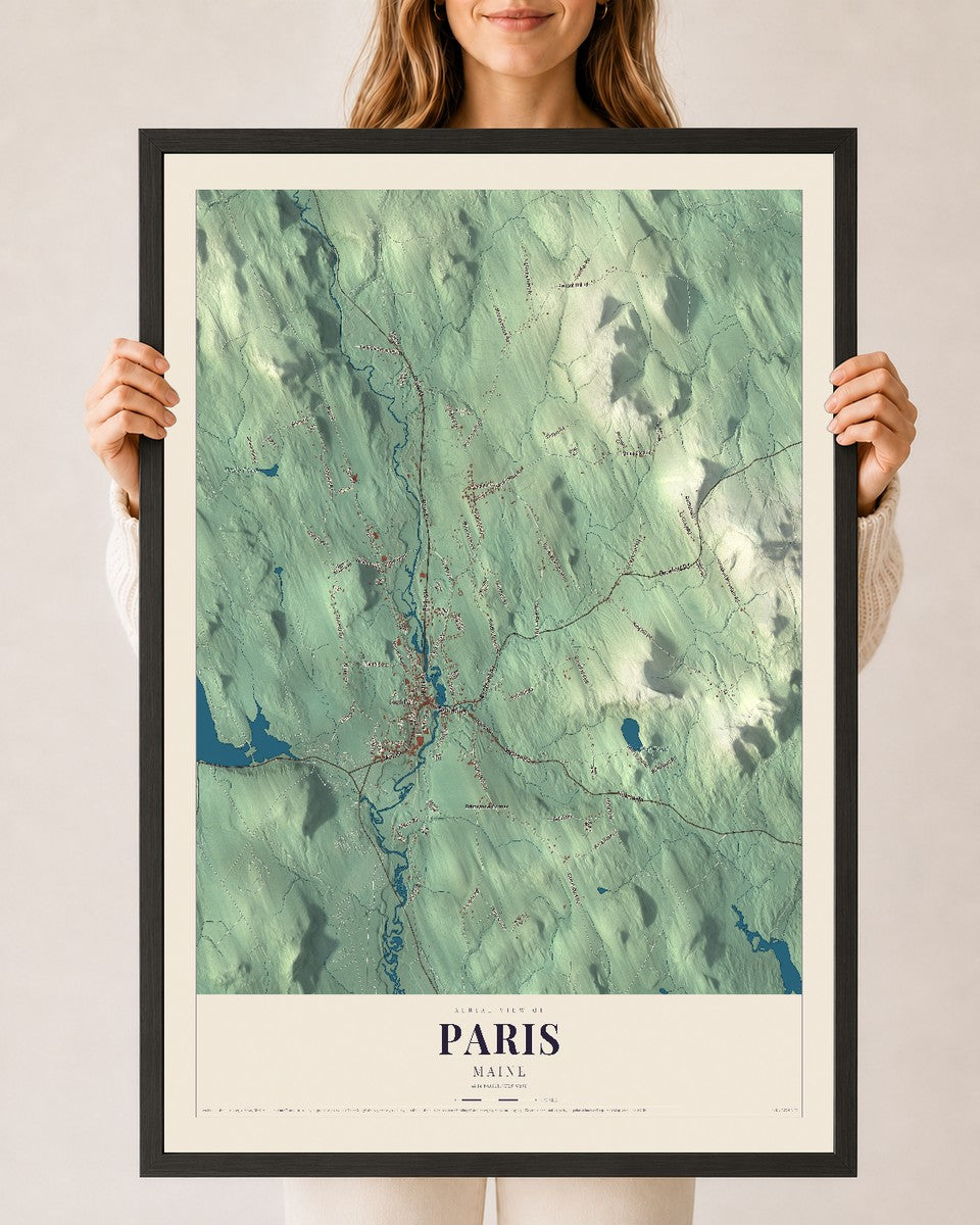 Paris, Maine map print - 24 x 36 black Ayous wood frame