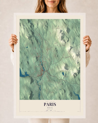 Paris, Maine map print - 24 x 36 white Ayous wood frame