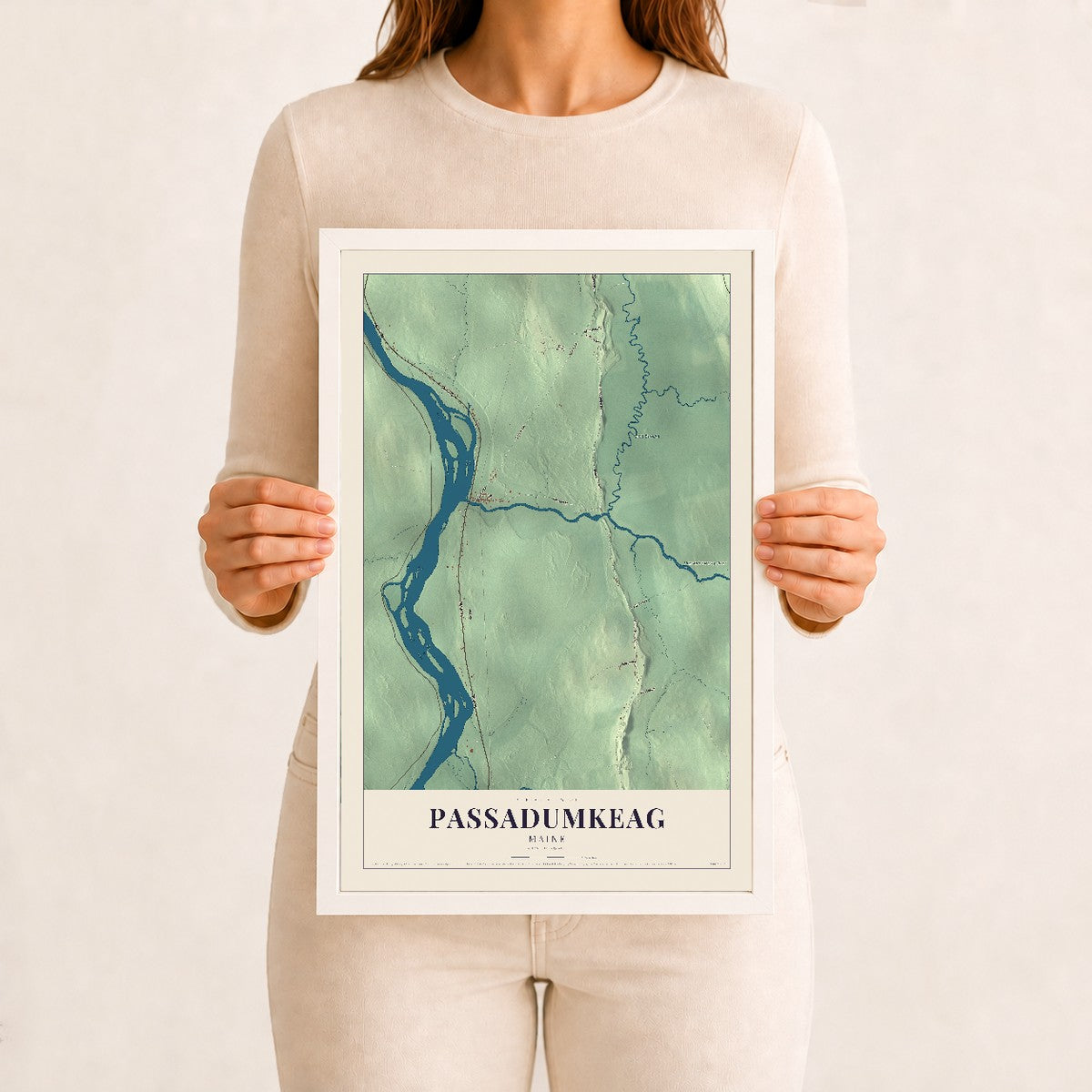 Passadumkeag, Maine map print - 12 x 18 white Ayous wood frame
