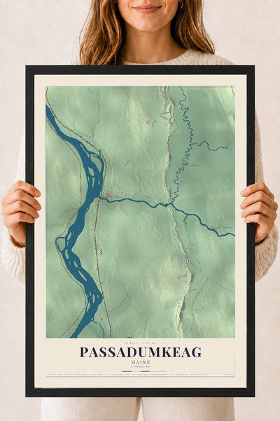 Passadumkeag, Maine map print - 18 x 24 black Ayous wood frame