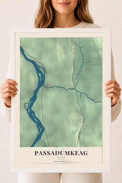 Passadumkeag, Maine map print - 18 x 24 white Ayous wood frame