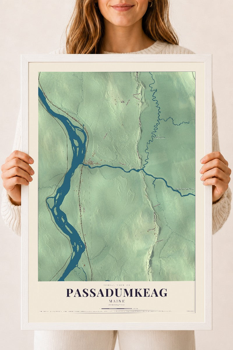 Passadumkeag, Maine map print - 18 x 24 white Ayous wood frame