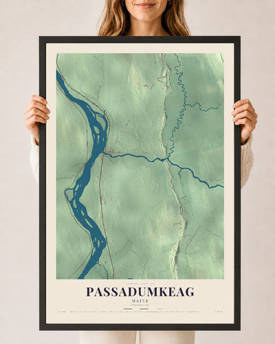 Passadumkeag, Maine map print - 24 x 36 black Ayous wood frame