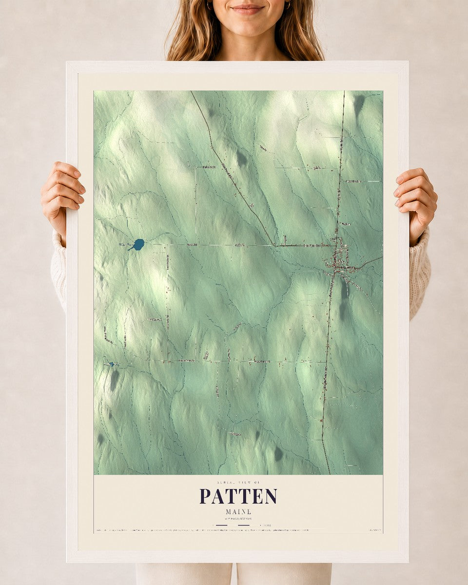 Patten, Maine map print - 24 x 36 white Ayous wood frame