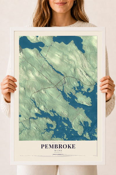 Pembroke, Maine map print - 18 x 24 white Ayous wood frame