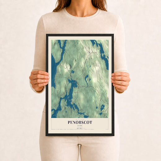 Map of Penobscot, Maine, 12 x 18 inch print in a black wood frame