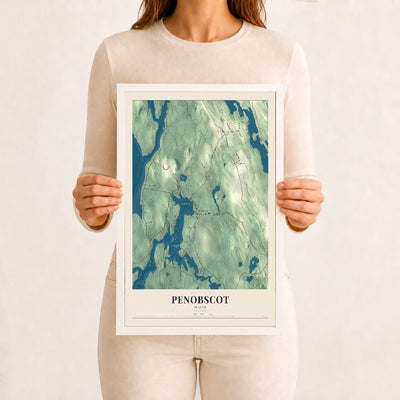 Penobscot, Maine map print - 12 x 18 white Ayous wood frame