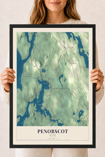 Penobscot, Maine map print - 18 x 24 black Ayous wood frame
