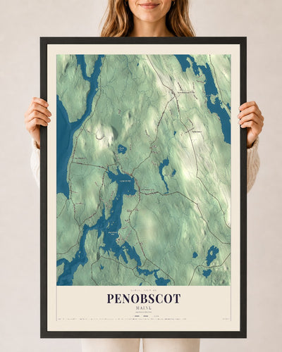 Penobscot, Maine map print - 24 x 36 black Ayous wood frame