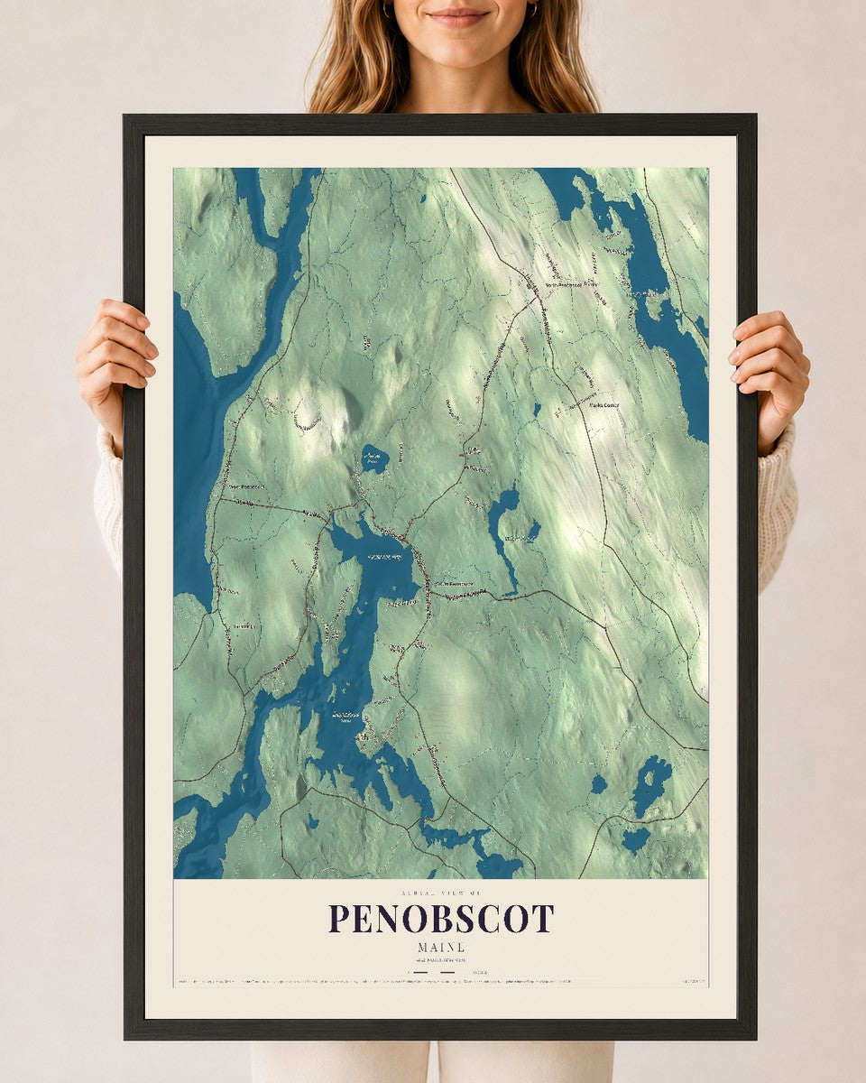 Penobscot, Maine map print - 24 x 36 black Ayous wood frame