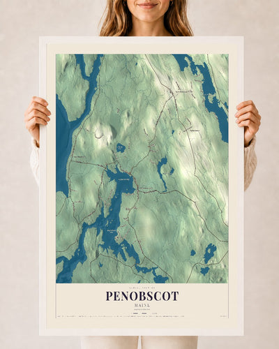 Penobscot, Maine map print - 24 x 36 white Ayous wood frame