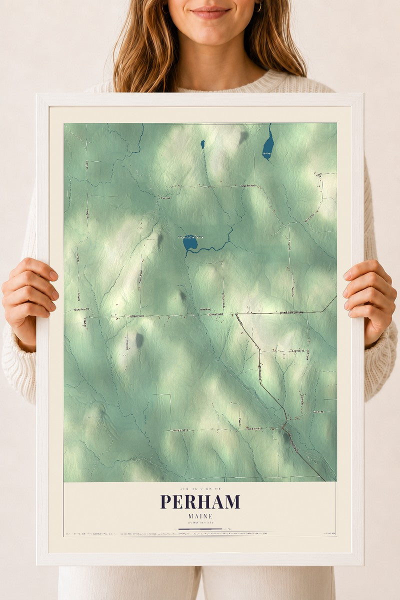 Perham, Maine map print - 18 x 24 white Ayous wood frame