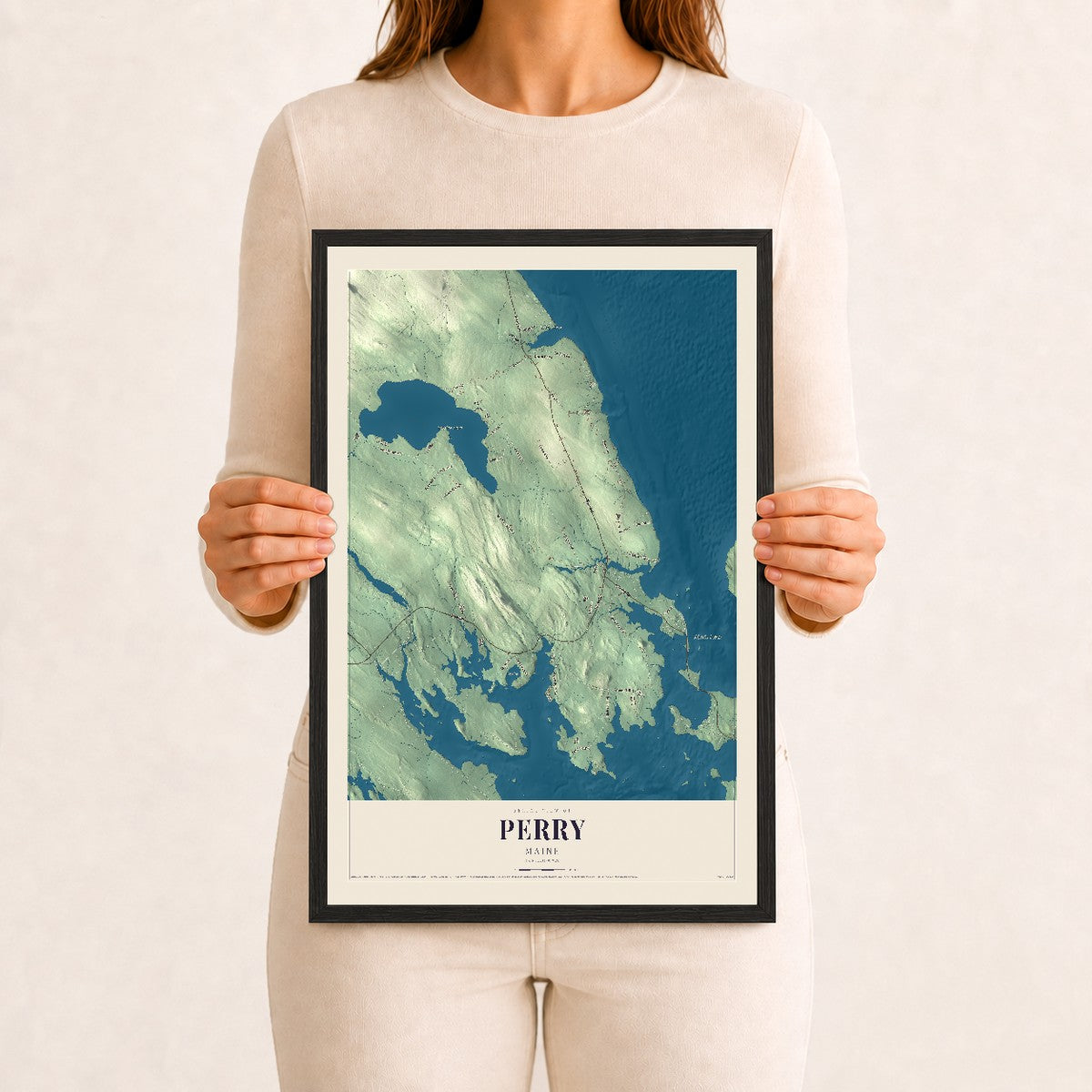 Perry, Maine map print - 12 x 18 black Ayous wood frame