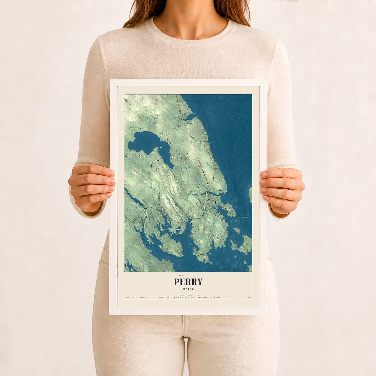 Perry, Maine map print - 12 x 18 white Ayous wood frame