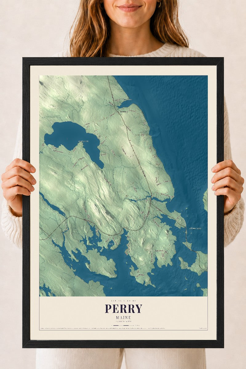 Perry, Maine map print - 18 x 24 black Ayous wood frame