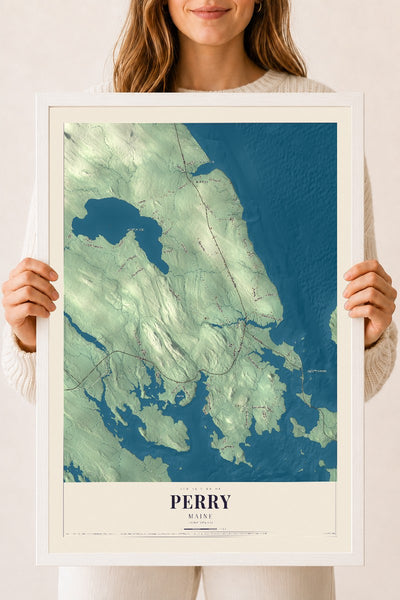 Perry, Maine map print - 18 x 24 white Ayous wood frame