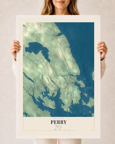 Perry, Maine map print - 24 x 36 white Ayous wood frame