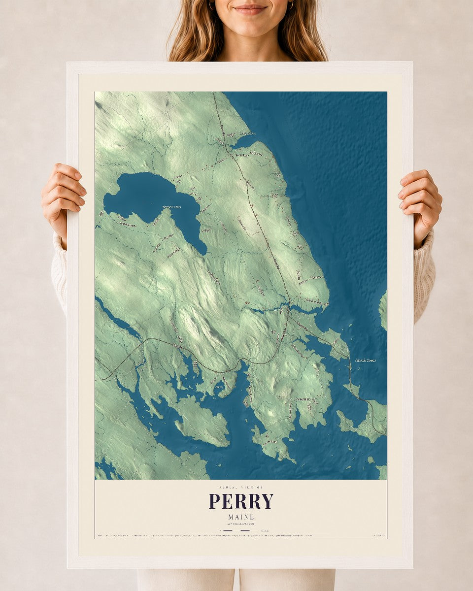 Perry, Maine map print - 24 x 36 white Ayous wood frame