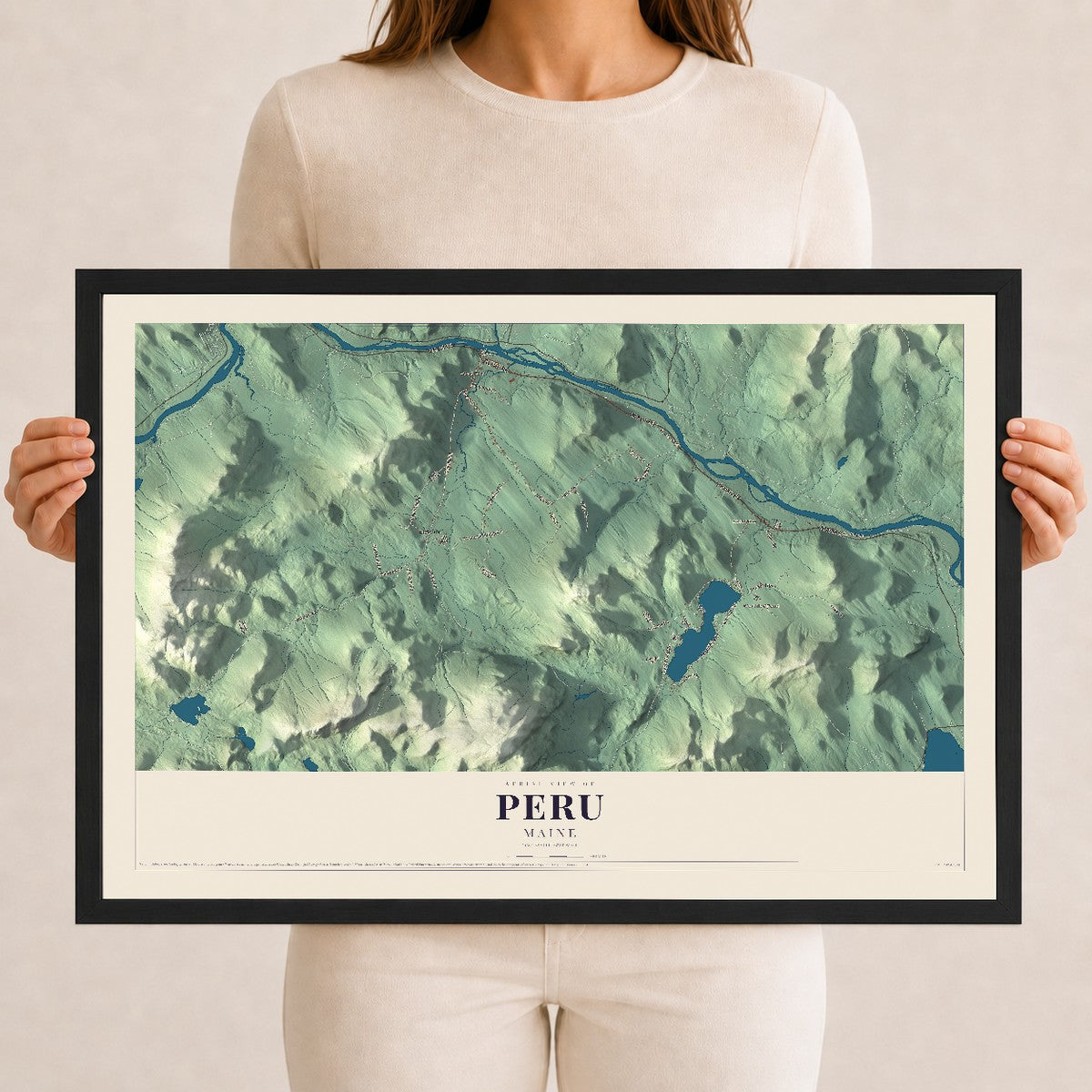 Peru, Maine map print - 12 x 18 black Ayous wood frame