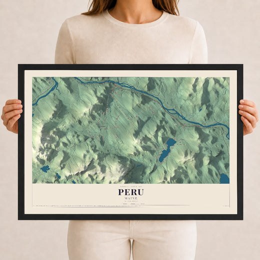 Map of Peru, Maine, 12 x 18 inch print in a black wood frame