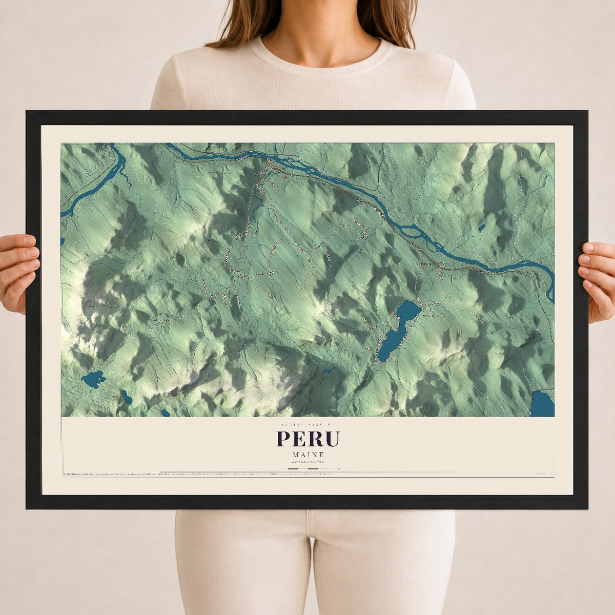 Peru, Maine map print - 18 x 24 black Ayous wood frame