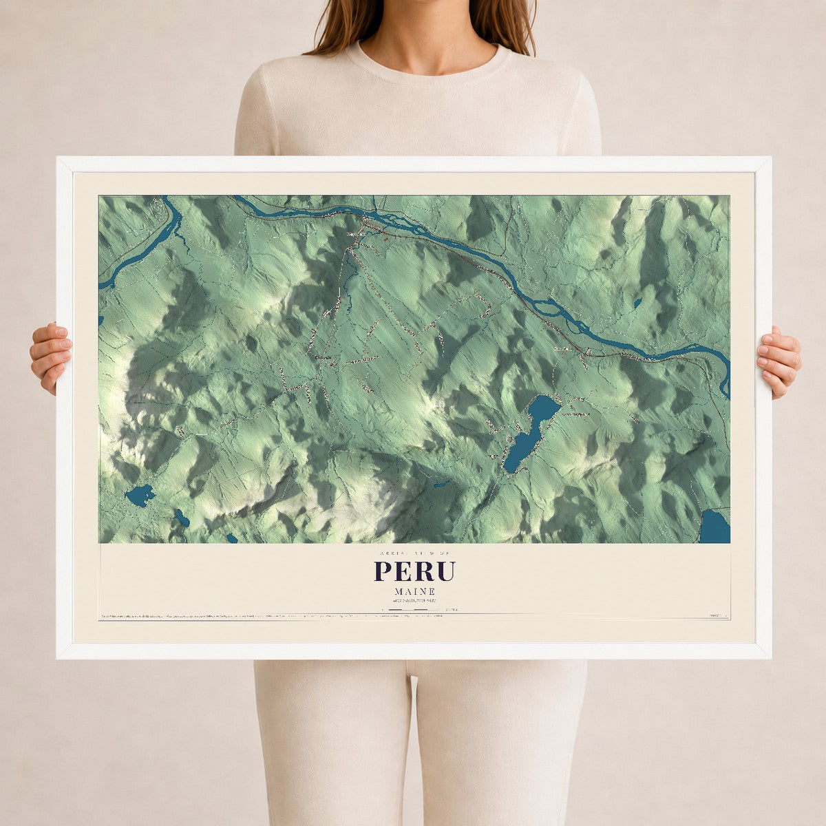 Peru, Maine map print - 24 x 36 white Ayous wood frame