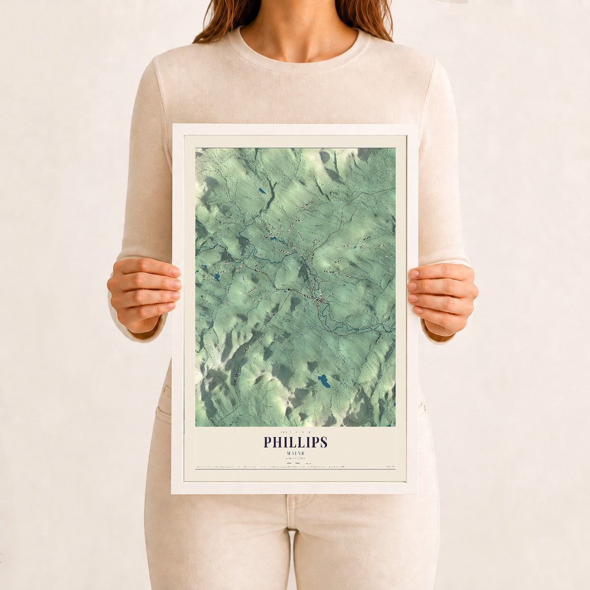 Phillips, Maine map print - 12 x 18 white Ayous wood frame