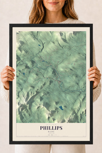 Phillips, Maine map print - 18 x 24 black Ayous wood frame
