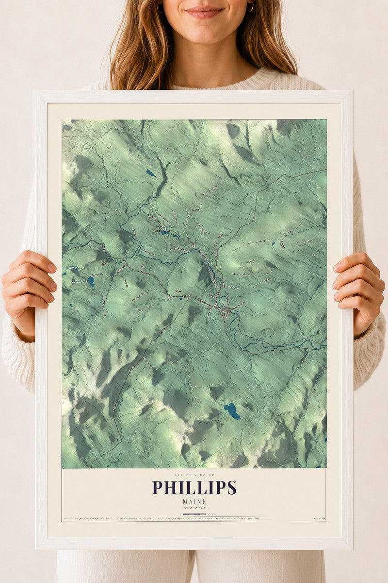 Phillips, Maine map print - 18 x 24 white Ayous wood frame