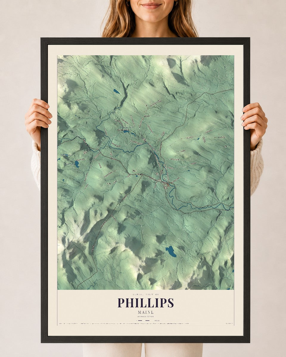 Phillips, Maine map print - 24 x 36 black Ayous wood frame