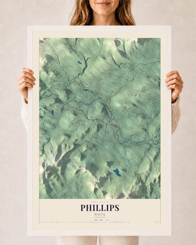 Phillips, Maine map print - 24 x 36 white Ayous wood frame