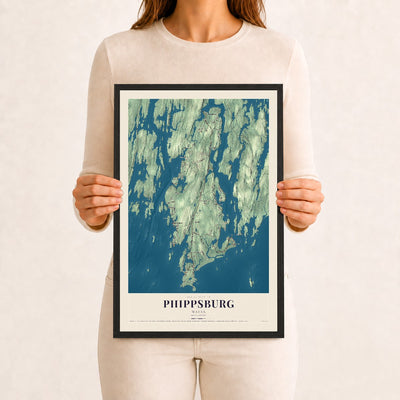 Phippsburg, Maine map print - 12 x 18 black Ayous wood frame