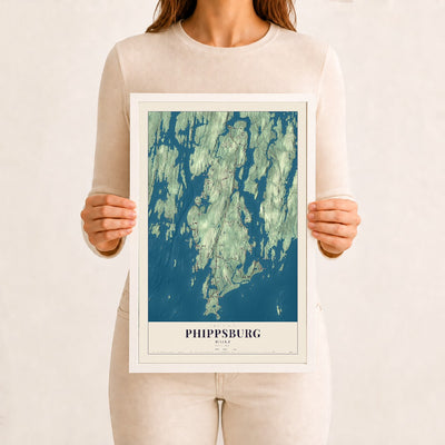 Phippsburg, Maine map print - 12 x 18 white Ayous wood frame