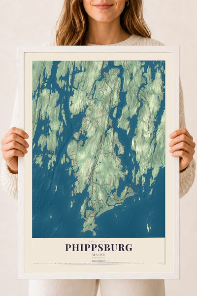 Phippsburg, Maine map print - 18 x 24 white Ayous wood frame
