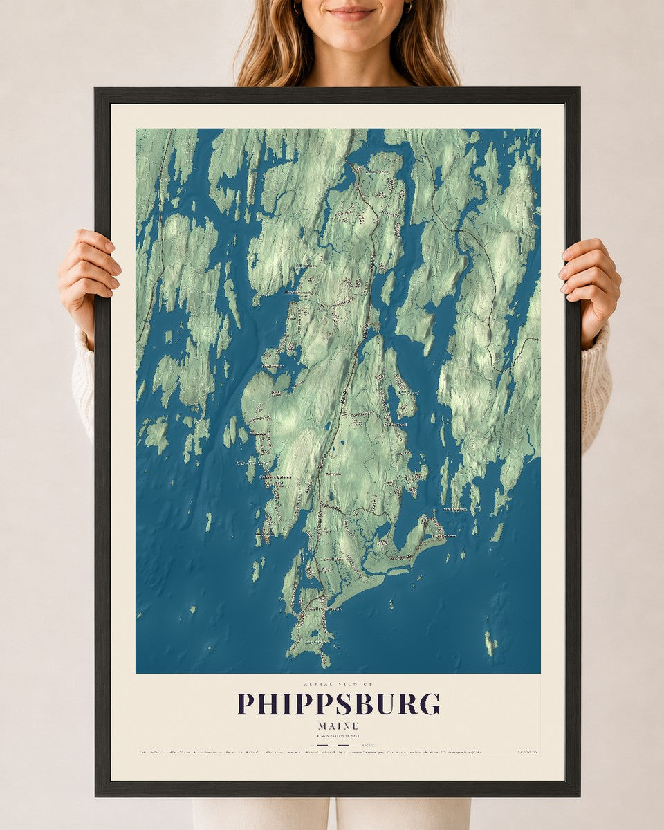 Phippsburg, Maine map print - 24 x 36 black Ayous wood frame