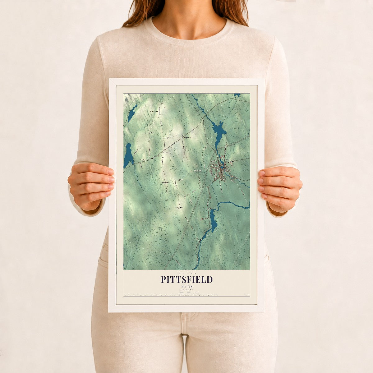 Pittsfield, Maine map print - 12 x 18 white Ayous wood frame