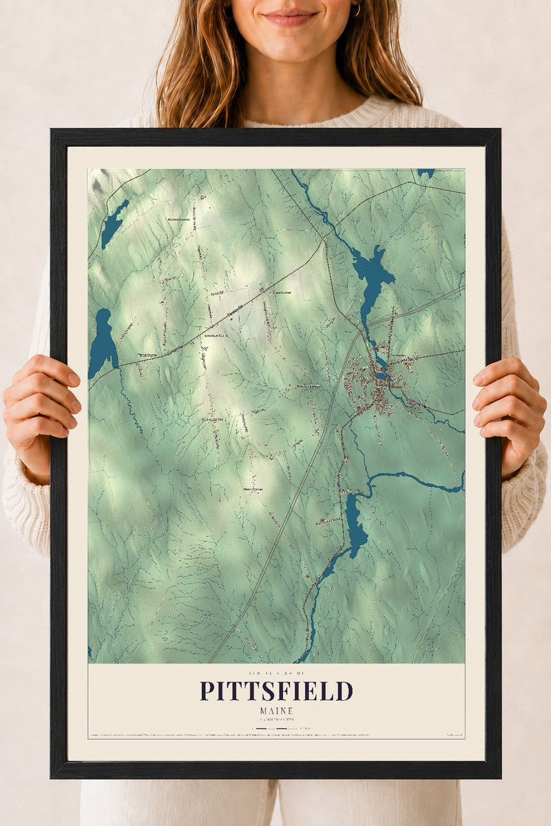 Pittsfield, Maine map print - 18 x 24 black Ayous wood frame