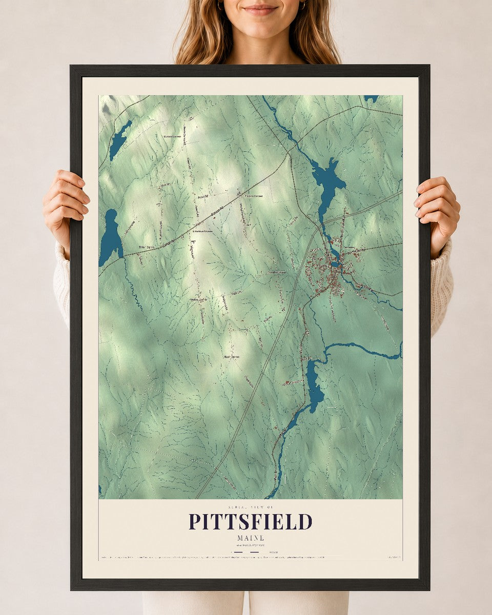 Pittsfield, Maine map print - 24 x 36 black Ayous wood frame